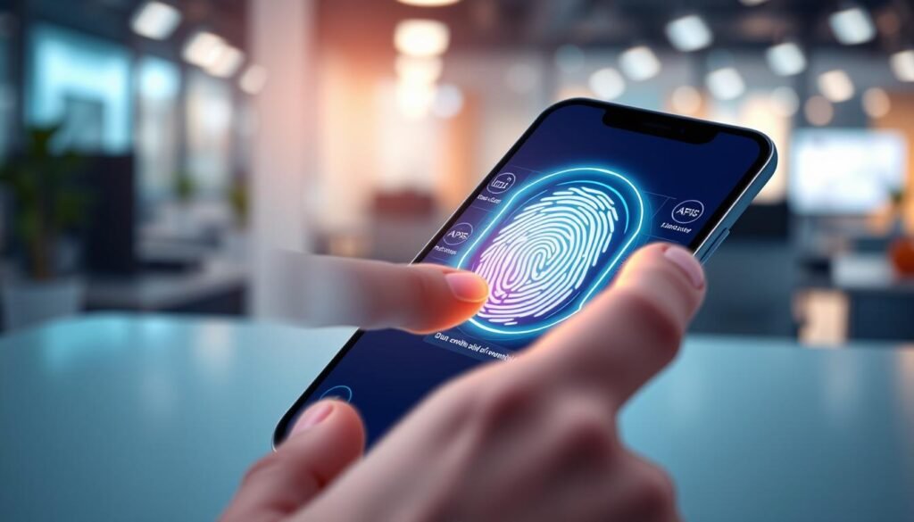 A close-up view of a smartphone on a sleek, modern desk, showcasing a digital interface displaying the "Custom Fingerprint Play Integrity" concept. In the foreground, fingers gently touch the screen, focusing on a fingerprint pattern glowing in vibrant colors, symbolizing the unlocking process. The middle of the image features high-tech icons representing data security, APIs, and mobile software development. The background displays a blurred office setting, emphasizing a professional atmosphere with soft ambient lighting. The overall mood conveys innovation and technical proficiency, highlighting the integration of custom fingerprint solutions in mobile applications. The composition is captured from an overhead angle, with a shallow depth of field to draw attention to the fingerprint and data interface.