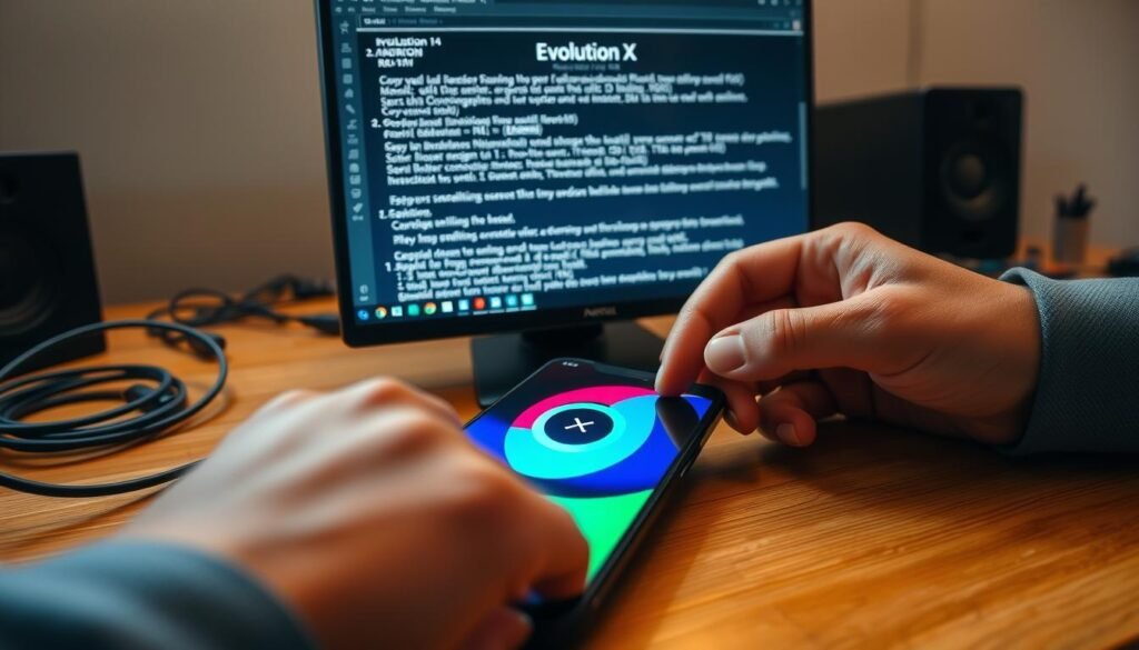 A close-up view of a smartphone on a wooden desk, showcasing the process of installing a custom ROM. The phone’s screen displays a vibrant boot animation of Evolution X Android 14, while a computer screen in the background shows a detailed set of instructions for the installation. The foreground features hands in professional attire carefully navigating the phone interface, emphasizing the precision required for this task. Soft, diffused lighting enhances the warm atmosphere, highlighting the tech environment. Tools like USB cables and a small toolkit are arranged neatly nearby, indicating a blend of innovation and technicality. The image evokes curiosity and prompts contemplation about the benefits and risks involved in custom ROM installations.
