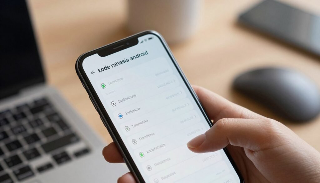 A close-up view of a smartphone screen displaying the "kode rahasia android" for battery information, with codes in a sleek and modern design. The foreground features the phone held by a hand, showcasing well-manicured fingers that imply professionalism. The middle layer includes a blurred background featuring a stylish workspace with neutral tones, equipped with minimalistic tech gadgets. Soft, warm lighting illuminates the scene, creating a calm and focused atmosphere. The angle captures the screen's reflection, emphasizing the high-tech aspect of Android codes. This image should evoke a sense of curiosity and sophistication, perfect for illustrating detailed information about battery health.