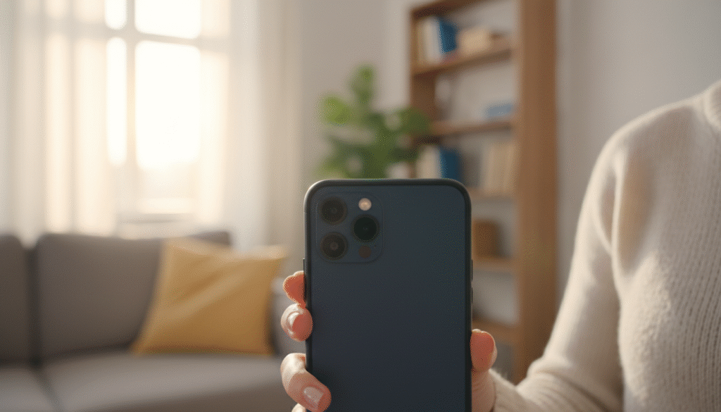 A close-up view of a smartphone's front camera, specifically designed for selfies and video calls, positioned prominently at the center of the image. The lens reflects soft lighting to emphasize its high-quality features. Surrounding the smartphone are elements like a soft-focus background depicting a cozy living space with natural light filtering in from a window. The atmosphere conveys a warm and inviting mood, exemplifying a modern lifestyle. Include subtle details like a hand gently holding the smartphone, showcasing it in a casual yet professional setting, with the person's attire in modest casual clothing. The lighting should be bright, highlighting the camera’s lens and capturing the essence of connection through technology. A close-up view of a smartphone's front camera, specifically designed for selfies and video calls, positioned prominently at the center of the image. The lens reflects soft lighting to emphasize its high-quality features. Surrounding the smartphone are elements like a soft-focus background depicting a cozy living space with natural light filtering in from a window. The atmosphere conveys a warm and inviting mood, exemplifying a modern lifestyle. Include subtle details like a hand gently holding the smartphone, showcasing it in a casual yet professional setting, with the person's attire in modest casual clothing. The lighting should be bright, highlighting the camera’s lens and capturing the essence of connection through technology.