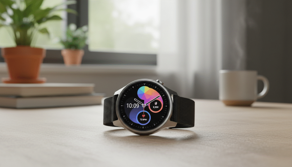 A close-up view of a stylish smartwatch displaying the One UI 8 Watch interface on its vibrant screen. The watch is positioned prominently in the foreground, showcasing a sleek, modern design made from glass and metal. In the middle ground, a cozy home setting is visible, complete with a wooden table and soft sunlight filtering through a window, creating a warm and inviting atmosphere. The background features blurred elements like plants and decorative items, emphasizing the focus on the watch. The lighting is soft and natural, highlighting the watch's features without harsh shadows. The overall mood is professional and serene, suggesting a seamless integration of technology into daily life.