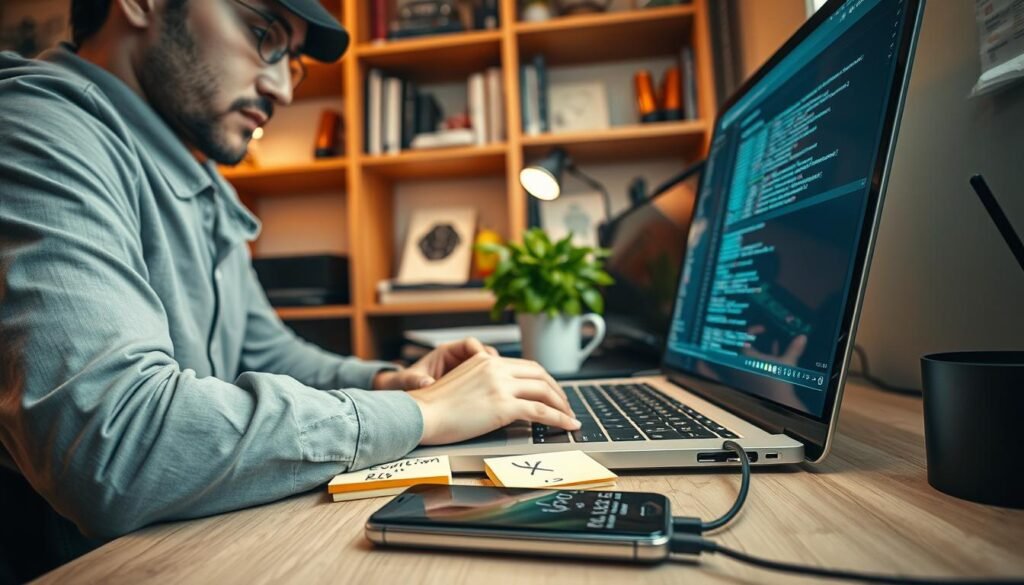 A close-up view of a technician troubleshooting a custom ROM on a laptop in a cozy workspace. The foreground features a focused individual, dressed in casual yet professional attire, intensely examining coding on the laptop screen, with various technical tools scattered around. In the middle ground, there are sticky notes with notes about Evolution X and an Android device connected to the laptop via USB cable, hinting at software uploading. The background showcases a well-organized desk with a plant and a bookshelf filled with tech manuals and Android-themed decor. Gentle, warm lighting adds an inviting atmosphere, emphasizing a sense of exploration and innovation within the evolving world of custom ROMs. The angle captures the concentration of the technician while portraying a supportive environment for problem-solving.
