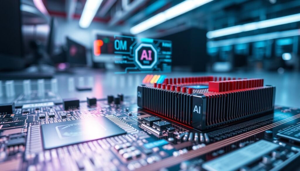 A close-up view of a thermal throttling chipset, showcasing intricate circuit patterns and heat dissipation elements. The foreground features a detailed, shiny chipset with visible heat sinks and thermal paste, reflecting a gradient of colors from blue to red indicating temperature variations. In the middle ground, include a subtle representation of digital data and AI processing symbols, hinting at performance metrics related to AI tasks. The background should be a soft-focus of a modern tech workspace, illuminated with cool, fluorescent lighting to create a clinical, high-tech atmosphere. Capture the scene from a slightly elevated angle, emphasizing the chipset while maintaining a sense of depth, evoking a mood of analytical scrutiny and technological precision. A close-up view of a thermal throttling chipset, showcasing intricate circuit patterns and heat dissipation elements. The foreground features a detailed, shiny chipset with visible heat sinks and thermal paste, reflecting a gradient of colors from blue to red indicating temperature variations. In the middle ground, include a subtle representation of digital data and AI processing symbols, hinting at performance metrics related to AI tasks. The background should be a soft-focus of a modern tech workspace, illuminated with cool, fluorescent lighting to create a clinical, high-tech atmosphere. Capture the scene from a slightly elevated angle, emphasizing the chipset while maintaining a sense of depth, evoking a mood of analytical scrutiny and technological precision.