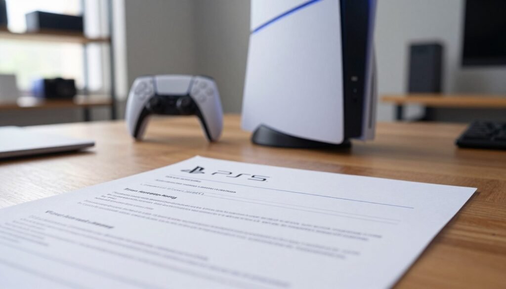 A close-up view of a warranty document for a PS5 SSD, positioned prominently in the foreground on a sleek wooden desk. The document features clear printed text and official logos, emphasizing authenticity. In the middle ground, a stylish PS5 console is slightly blurred, enhancing focus on the warranty. Soft natural light filters in from a nearby window, illuminating the document while casting gentle reflections. The background includes a minimalist gaming setup with shelves displaying accessories, fostering a professional and tech-savvy atmosphere. The overall mood is reassuring and informative, highlighting the importance of verifying product authenticity. The composition is shot with a shallow depth of field, enhancing the clarity of the warranty document while subtly blurring the other elements.