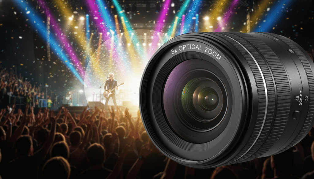A close-up view of an 8x optical zoom lens prominently positioned in the foreground, showcasing its sleek design and intricate details, such as the lens elements and focusing mechanism. In the middle ground, capture a vibrant concert scene with a blurred crowd enjoying a live performance, emphasizing the lens's capability to zoom in on distant subjects. In the background, include colorful stage lights and a lively atmosphere, enhancing the excitement of the scene. The lighting should be dynamic, with bright spotlights illuminating the artist on stage, while creating soft shadows around the edges. Aim for a professional and engaging mood that reflects the versatility of the zoom lens in various settings like concerts and travel.