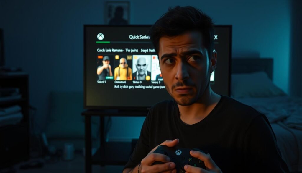 A close-up view of an Xbox Series X console with a digital screen displaying the Quick Resume feature, showcasing several game thumbnails in a vibrant but slightly glitchy appearance, indicating technical limitations. In the foreground, a gamer in casual attire looks frustrated, holding a controller, with a soft, concerned expression. The middle layer features the console and screen, bathed in soft, moody lighting that highlights the sleek design of the console. The background shows a dimly lit gaming room with a hint of chaos, like scattered game discs and an unmade bed, creating an atmosphere of disarray. The overall mood is contemplative, focusing on the unexpected shortcomings of technology.
