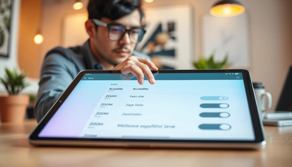 A close-up view of an iPad displaying the Accessibility Zoom settings interface, focused on the intricate details of adjustments like magnification level and accessibility features. In the foreground, the iPad's screen brightly illuminates with vivid colors, showcasing various zoom levels represented by overlays. In the middle, a stylish designer is intently engaged, tapping on the screen, dressed in smart casual attire to evoke a professional yet approachable atmosphere. The background fades softly, with a modern workspace featuring plants and design tools subtly blurred, creating a focused ambiance. The lighting is warm and inviting, adding depth to the scene while emphasizing the user’s interaction with the iPad’s display, encapsulating a blend of technology and creativity.