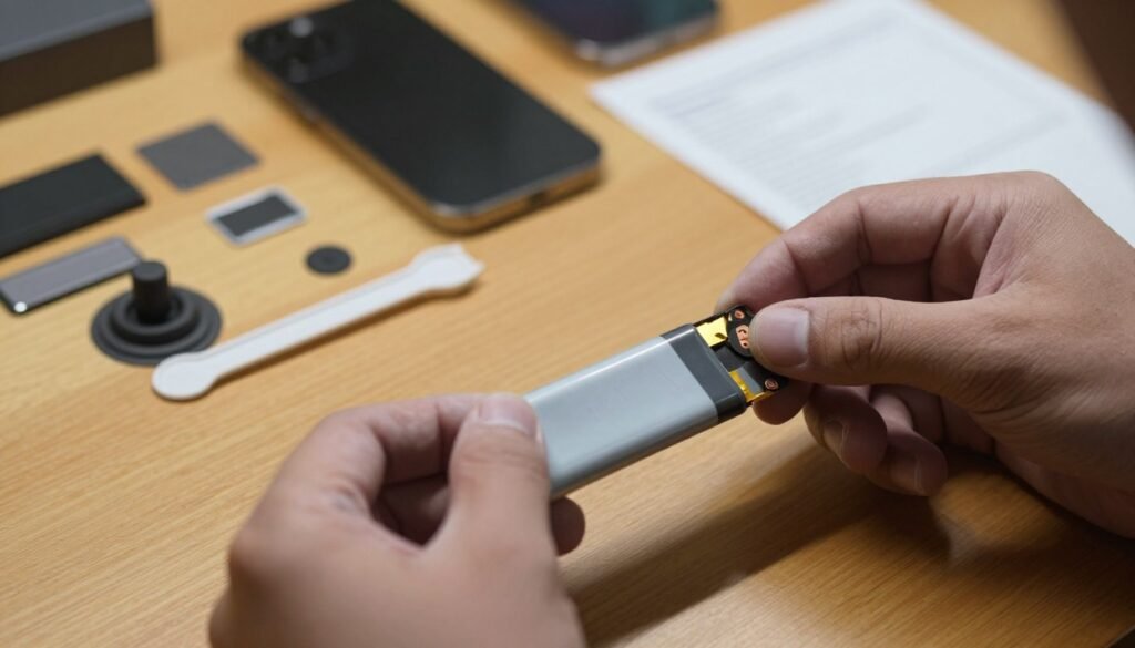 A close-up view of an iPhone 15 battery installation setup on a well-lit wooden table. In the foreground, a person's hands wear subtle protective gloves as they carefully handle a lithium-ion battery, showcasing a cautious approach to self-repair. Midground elements include essential tools like a suction cup and plastic spudger, neatly arranged to emphasize the DIY aspect. The background features a blurred collection of smartphone repair parts and instructions, creating context without distraction. The lighting is soft and warm, enhancing the focus on the battery and tools, while shadows convey depth and realism. The atmosphere should feel tense yet focused, capturing the risks and challenges involved in battery replacement without opening delicate pentalobe screws.