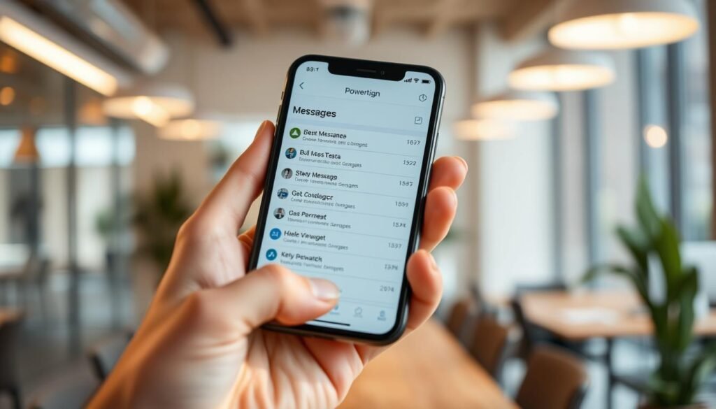 A close-up view of an iPhone screen displaying the powerful search feature for messages, showcasing an organized list of text messages with highlighted keywords. The foreground features a hand elegantly holding the iPhone, positioned at a slight angle for a dynamic perspective. In the background, there's a softly blurred modern office environment, with warm ambient lighting creating an inviting atmosphere. The overall scene is bright and professional, evoking a sense of efficiency and innovation. The lighting emphasizes the sleek design of the iPhone, highlighting its modern features and user-friendly interface. The mood is optimistic and engaging, perfect for illustrating the advancement of technology in communication.