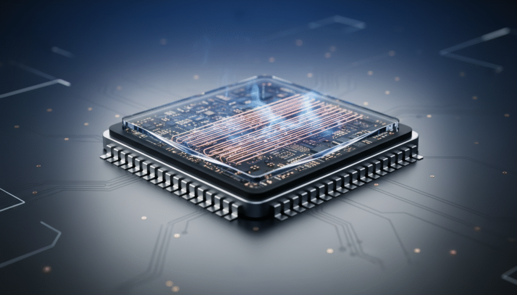 A close-up view of the Apple A19 Pro chip, intricately detailed to showcase its sleek design and advanced circuitry. The chip is positioned prominently in the foreground against a glossy, dark surface that reflects its contours. In the middle, a cooling vapor chamber system is artistically integrated, illustrating its innovative engineering and thermal management capabilities. The background features a subtle gradient that enhances the technological theme, with cool blues and silvers evoking a high-tech atmosphere. The lighting is bright and focused, illuminating the chip and cooling system, creating a futuristic ambiance. The image conveys a sense of cutting-edge performance and reliability, perfect for a tech review context.