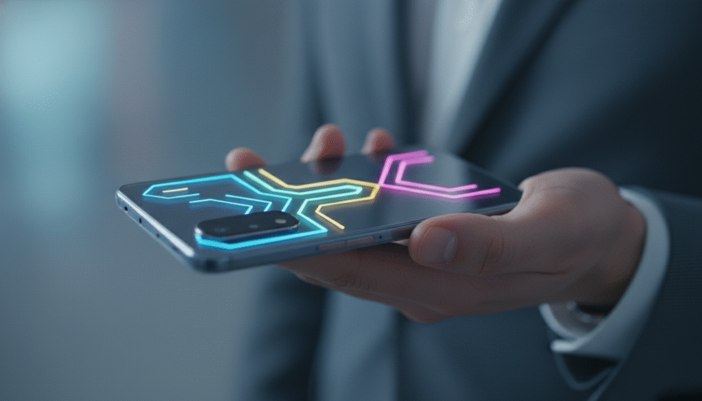A close-up view of the Glyph Light notification system on the Nothing Phone (3a) Lite. The foreground features the sleek, illuminated glyphs in vibrant colors, showcasing a minimalist design with elegant lines and subtle reflections. In the middle ground, the phone is held in a person’s hand, dressed in professional attire—capturing a sense of functionality and modernity. The background fades into a soft out-of-focus gradient, emphasizing the phone as the centerpiece of the image. The lighting is bright but soft, highlighting the glyphs without causing glare, creating a tech-savvy and sophisticated atmosphere. The angle is slightly tilted, suggesting dynamic interaction with the device, while maintaining a clean and professional aesthetic.
