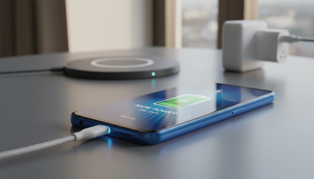 A close-up view of the Infinix Hot 50 4G smartphone, prominently showcasing its sleek design with an emphasis on the battery feature. The smartphone should be displayed in a modern setting, resting on a reflective surface to highlight its shiny finish. In the background, softly blurred elements like charging accessories and an energy-efficient wall charger subtly suggest the theme of battery and charging. Utilize soft, natural lighting to create a warm yet professional atmosphere, focusing on the device's details, such as the battery indicator and charging port. Capture the image at a slight angle to enhance depth and focus, ensuring the smartphone is the clear subject while conveying a sense of advanced technology and reliability.