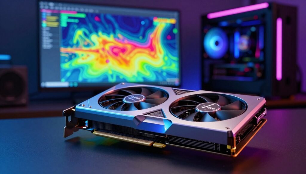 A close-up view of the Intel Arc Battlemage GPU model B580, prominently showcased in a tech-savvy environment. The foreground features the GPU with its sleek, metallic design reflecting advanced thermal management features, including heat pipes and cooling fans. In the middle ground, display a semi-transparent thermal imaging overlay, illustrating heat dissipation in vibrant colors. The background is a futuristic workstation with glowing LED lights, emphasizing a high-performance gaming setup. Soft, diffused lighting highlights the GPU, creating a professional atmosphere that conveys innovation and efficiency. The image evokes a sense of cutting-edge technology and thermal efficiency, underscoring its competitive edge against the RTX 4060.