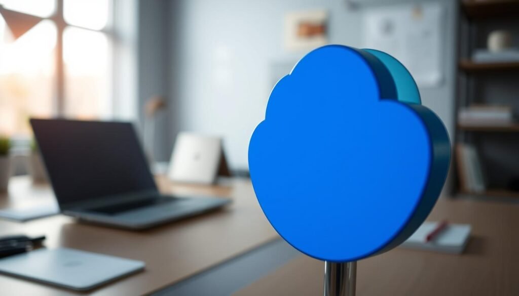 A close-up view of the OneDrive synchronization symbol, prominently displayed in the foreground. The symbol is designed with a modern, sleek appearance, featuring a blue cloud icon intertwined with two circular arrows to signify synchronization. In the middle ground, a blurred background illustrates a digital workspace with subtle elements like a laptop and scattered office supplies, creating a sense of productivity. Soft, diffused lighting illuminates the scene from the left, casting gentle shadows and adding depth. The mood is professional and focused, reflecting the theme of digital efficiency and cloud storage reliability. The angle is slightly tilted to emphasize the symbol and draw attention to its significance in verifying OneDrive synchronization. No text or overlays are present.