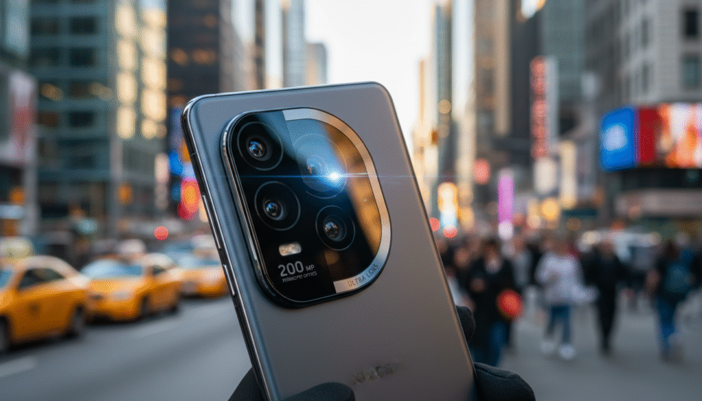 A close-up view of the Xiaomi 17 Ultra smartphone showcasing its innovative camera sensor. In the foreground, focus on the sleek design of the phone, emphasizing the large 1-inch sensor and the impressive telephoto lens that highlights its 200 MP capability. The phone is angled slightly to catch natural light, creating a soft glow that reflects off its surface. In the middle background, blur out a vibrant urban setting, suggesting the potential for high-quality photography amidst lively streets. The atmosphere is energetic yet polished, conveying a sense of professionalism and technology. Include subtle details like lens reflections and contrasting colors to draw the viewer’s attention to the camera features, ensuring the environment enhances the focus on the Xiaomi 17 Ultra's advanced camera system. A close-up view of the Xiaomi 17 Ultra smartphone showcasing its innovative camera sensor. In the foreground, focus on the sleek design of the phone, emphasizing the large 1-inch sensor and the impressive telephoto lens that highlights its 200 MP capability. The phone is angled slightly to catch natural light, creating a soft glow that reflects off its surface. In the middle background, blur out a vibrant urban setting, suggesting the potential for high-quality photography amidst lively streets. The atmosphere is energetic yet polished, conveying a sense of professionalism and technology. Include subtle details like lens reflections and contrasting colors to draw the viewer’s attention to the camera features, ensuring the environment enhances the focus on the Xiaomi 17 Ultra's advanced camera system.