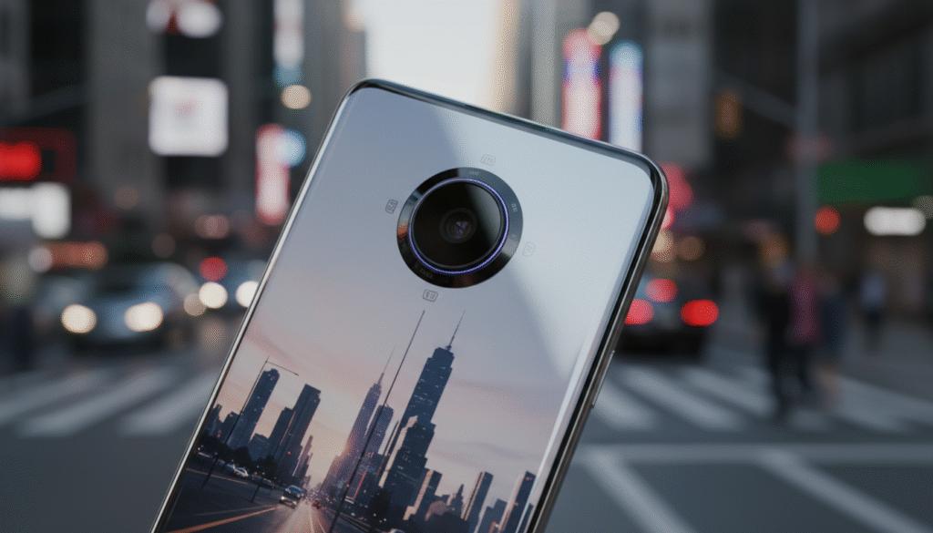 A close-up view of the front camera of the OnePlus Turbo 6 smartphone, showcasing its sleek design and modern features. The foreground features the phone's glossy screen reflecting light, emphasizing its high-resolution capability. In the middle ground, focus on the circular front camera lens with enhanced detail, highlighting its advanced technology such as HDR and AI capabilities. The background softly blurs to suggest a vibrant, urban environment, hinting at the phone's versatility for selfies in various settings. The lighting is bright and dynamic, creating an engaging atmosphere, while an angle that enhances the phone's ergonomic design adds depth to the composition, making it appealing and inviting for tech enthusiasts. A close-up view of the front camera of the OnePlus Turbo 6 smartphone, showcasing its sleek design and modern features. The foreground features the phone's glossy screen reflecting light, emphasizing its high-resolution capability. In the middle ground, focus on the circular front camera lens with enhanced detail, highlighting its advanced technology such as HDR and AI capabilities. The background softly blurs to suggest a vibrant, urban environment, hinting at the phone's versatility for selfies in various settings. The lighting is bright and dynamic, creating an engaging atmosphere, while an angle that enhances the phone's ergonomic design adds depth to the composition, making it appealing and inviting for tech enthusiasts.
