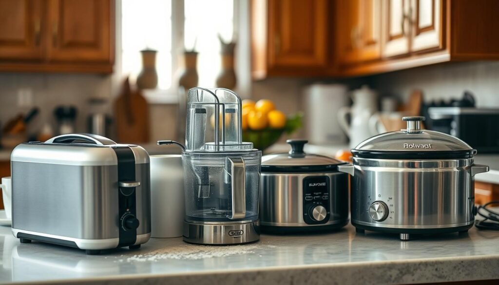 A cluttered kitchen counter showcasing a variety of household electronic appliances that are rarely used. In the foreground, prominently feature a sleek, modern bread maker next to a compact food processor, both dusted lightly to indicate neglect. In the middle ground, include an elegant but unused waffle maker and a slow cooker, with coffee mugs and a fruit bowl adding a touch of homeliness around them. The background should show a cozy, softly lit kitchen with warm wood cabinetry, light streaming in through a window to create an inviting atmosphere. Use a shallow depth of field to emphasize the foreground items while softly blurring the background, creating a serene, slightly nostalgic mood that suggests these devices have become forgotten in daily life. A cluttered kitchen counter showcasing a variety of household electronic appliances that are rarely used. In the foreground, prominently feature a sleek, modern bread maker next to a compact food processor, both dusted lightly to indicate neglect. In the middle ground, include an elegant but unused waffle maker and a slow cooker, with coffee mugs and a fruit bowl adding a touch of homeliness around them. The background should show a cozy, softly lit kitchen with warm wood cabinetry, light streaming in through a window to create an inviting atmosphere. Use a shallow depth of field to emphasize the foreground items while softly blurring the background, creating a serene, slightly nostalgic mood that suggests these devices have become forgotten in daily life.