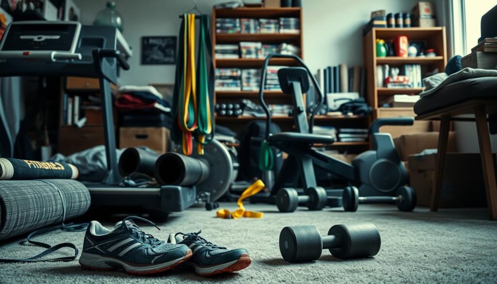 A cluttered room filled with unused sports equipment, such as a dusty treadmill, a neglected elliptical machine, and an untouched set of dumbbells. In the foreground, a pair of running shoes lies forgotten next to a yoga mat rolled up and propped against the wall. The middle ground shows workout bands hanging limply from a chair, and a set of weights gathering dust on a side table. In the background, shelves are filled with untouched fitness DVDs and boxes of sports gear. Soft, diffused lighting creates a nostalgic and slightly melancholic atmosphere, highlighting the contrast between the promise of fitness and the reality of abandonment. The camera angle is slightly elevated, providing a sweeping view of the entire scene, emphasizing the mood of neglect and unfulfilled intentions.