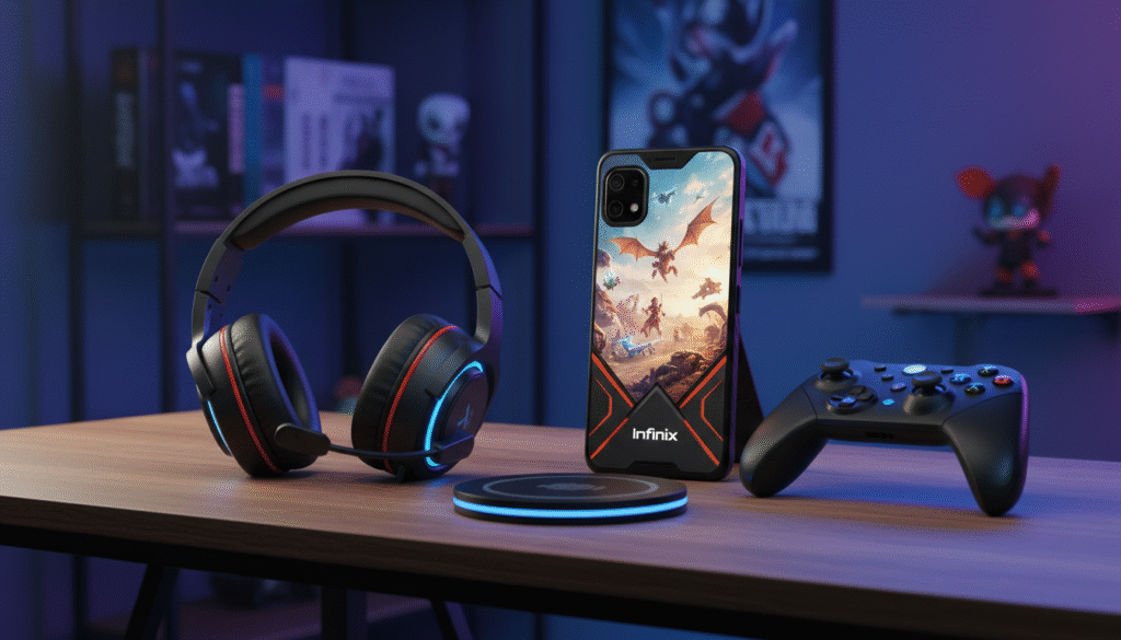 A collection of gaming accessories tailored for the Infinix smartphone, prominently displayed on a sleek, modern wooden desk. In the foreground, feature a high-quality gaming headset with plush ear cushions, a gaming controller with illuminated buttons, and a fast wireless charger. In the middle ground, display a vibrant smartphone with a gaming-themed case, showcasing a dynamic in-game scene on its screen. The background features soft ambient lighting in shades of blue and purple to create a gaming atmosphere, with subtle hints of gaming paraphernalia like game boxes and posters partially visible. The overall mood should evoke excitement and enthusiasm for mobile gaming, captured from a slightly angled perspective to provide depth.