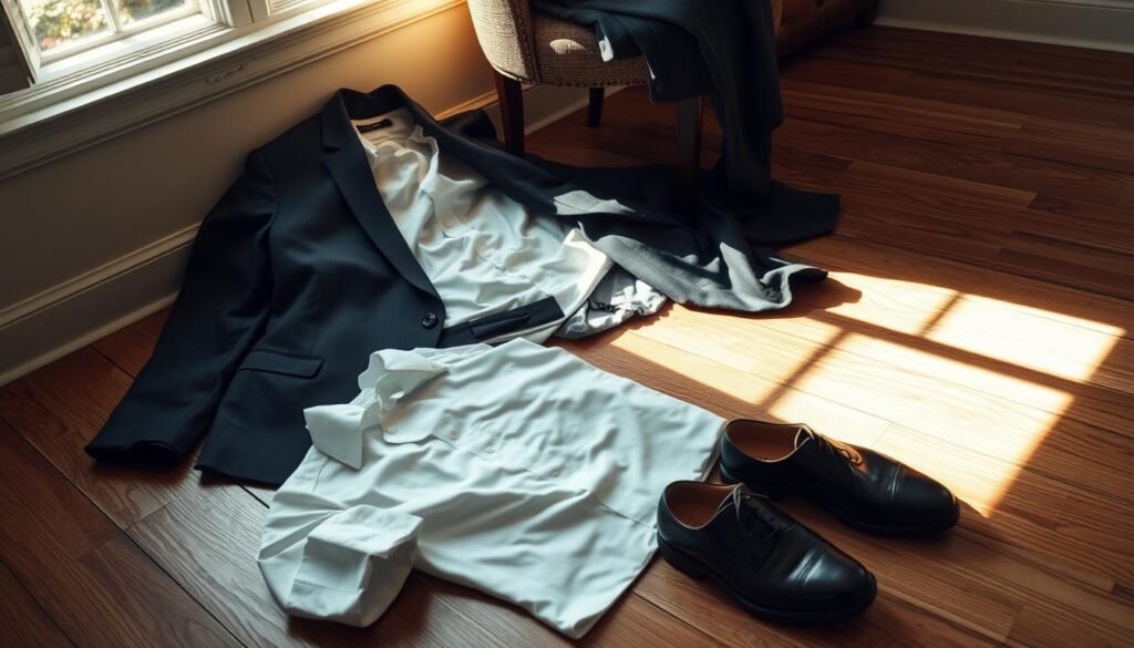 A collection of unused formal clothing scattered across a wooden floor, highlighting a finely tailored suit, a neatly pressed white shirt, and polished shoes that show signs of age and wear. The suit jacket is draped over a chair, while the shirt and shoes are placed haphazardly nearby, suggesting neglect. The background features a softly lit room with neutral-toned walls, adding a sense of warmth and nostalgia. Sunlight softly filters through an open window, casting gentle shadows on the clothing and creating a serene atmosphere. The angle is slightly above eye level, capturing the essence of forgotten elegance and the passage of time. The overall mood is reflective, evoking feelings of missed opportunities and the transient nature of fashion.