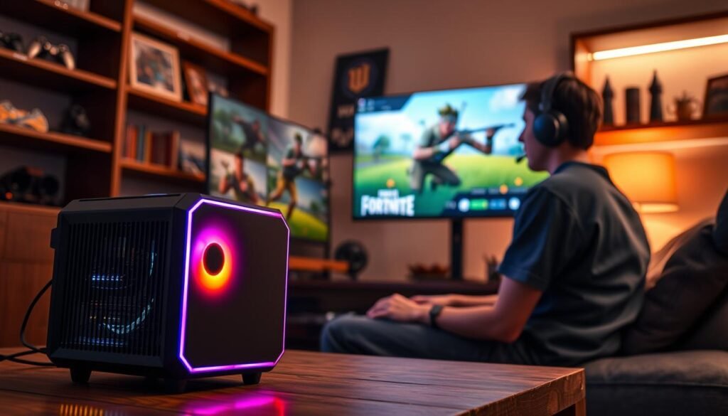 A compact gaming PC setup in a cozy, well-lit room, showcasing effective solutions to increase FPS in gaming without sacrificing experience. In the foreground, a sleek mini PC with vibrant LED lights glows, connected to a high-resolution monitor displaying a Fortnite scene in Unreal Engine 5. The middle ground features a person in casual clothes focused intently on the game, wearing comfortable gaming headphones. In the background, soft ambient lighting casts a warm glow, highlighting shelves with gaming awards and accessories. The angle captures both the PC and the player, enhancing the mood of enthusiasm and concentration. The image reflects a modern, inviting atmosphere of gaming innovation.