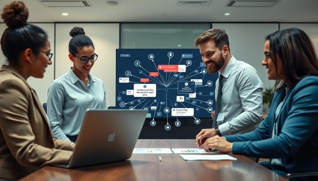 A contemporary digital workspace with a focus on technology combating misinformation. In the foreground, a diverse group of three professionals, one woman and two men, dressed in business casual attire, are engaged in a collaborative discussion around a sleek laptop. They are using data visualization tools and infographics displaying fact-checked information. In the middle, a large digital screen showcases a network of verified news sources versus hoaxes, highlighting technology's role in discerning truth. The background features a modern office environment with soft lighting and sleek furnishings, creating a professional and optimistic atmosphere. The scene captures a sense of urgency and determination, emphasizing the importance of technology in the fight against hoaxes while maintaining a clean, professional vibe.