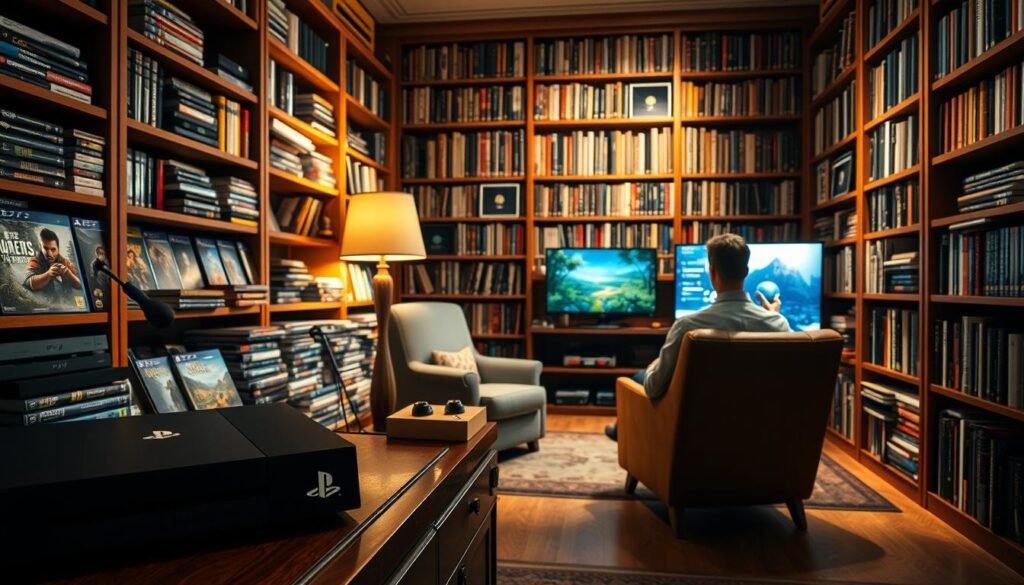 A cozy, well-lit library room featuring a diverse collection of video game consoles displayed on elegant wooden shelves. In the foreground, a sleek PlayStation console with a prominent "Exclusive" label and an array of vibrant game case covers, showcasing popular titles. The middle ground includes a stylish armchair where a player, dressed in smart casual attire, is engaged in gaming on a large screen showing a vibrant in-game landscape. In the background, tall bookshelves filled with books related to gaming history and guides create an inviting atmosphere. Soft, warm lighting enhances the scene, casting gentle shadows that add depth. The mood is immersive and inspiring, emphasizing the connection between exclusive gaming titles and the player's experience.