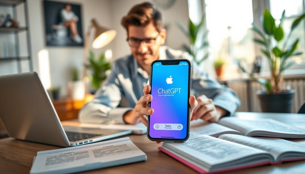 A cozy workspace featuring a modern iPhone displaying a vibrant ChatGPT interface alongside Siri's logo. In the foreground, a professional-looking person in smart casual attire interacts with the phone, their expression one of engagement and curiosity. The middle ground includes a sleek laptop and open notebooks filled with notes on AI optimization tips. The background features soft natural light filtering through a window, casting a warm ambiance over a stylish office space with plants and minimalist decor. The overall mood should be inspiring and innovative, capturing the essence of technology and productivity. Use a shallow depth of field to emphasize the phone and the person’s interaction with it, creating a dynamic focus on optimizing ChatGPT in Siri.