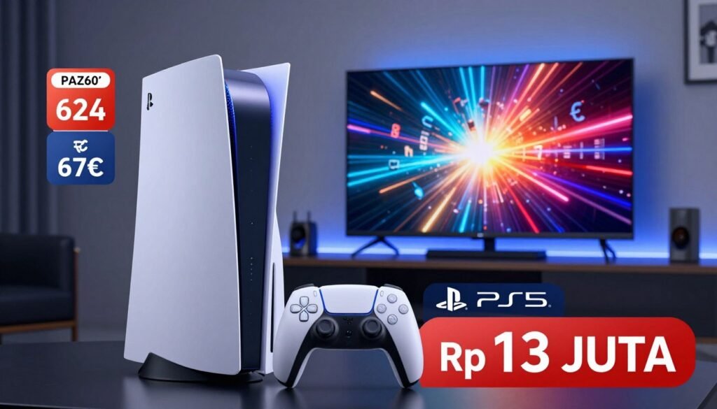 A creative and vivid comparison of the PS5 Pro pricing in Indonesia, featuring the console prominently in the foreground, showcasing its sleek design and iconic controller. Surround it with graphical representations of price tags and currency symbols to emphasize the Rp 13 Juta price point. In the middle ground, display a modern gaming setup with a high-definition TV providing a glimpse of stunning 8K graphics and vibrant ray tracing visuals. The background should feature a minimalistic, tech-inspired room with soft, ambient lighting creating a futuristic atmosphere. Use a slight angle to convey depth, focusing on the console’s design and the luxurious feel of high-end gaming.
