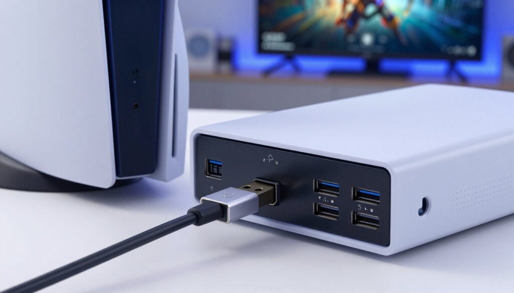 A detailed and close-up image of a PlayStation 5 console with its USB ports prominently displayed. In the foreground, highlight a USB cable plugged into one of the ports, showcasing a clear view of the 5Gbps symbol. The middle ground features the sleek design of the PS5, emphasizing its futuristic appearance, while soft, diffused lighting creates an inviting atmosphere. In the background, a blurred gaming setup with a TV displaying a game interface adds depth, suggesting an active gaming environment. Capture the scene from a slightly elevated angle, enhancing the focus on the console's USB ports. The overall mood is technical and informative, conveying a sense of troubleshooting and solutions for gamers.