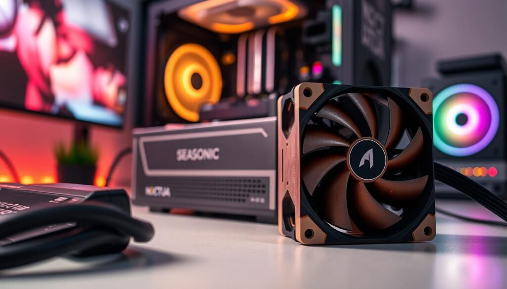 A detailed and dynamic composition showcasing the collaboration between Noctua and Seasonic power supply units. In the foreground, focus on an intricately designed Noctua fan with a striking brown-and-beige color scheme, emphasizing its unique shape and textural details. In the middle, a Seasonic power supply unit, sleek and modern, featuring recognizable branding and high-quality metal finish, sits on a minimalist tabletop. The background features a softly lit computer setup with ambient RGB lighting, giving a tech-savvy atmosphere. Use a macro lens perspective to highlight the craftsmanship of both brands, with warm lighting enhancing the colors. The mood should be innovative and sophisticated, portraying the cutting-edge nature of this collaboration in a clutter-free environment, free of any text or branding overlays.