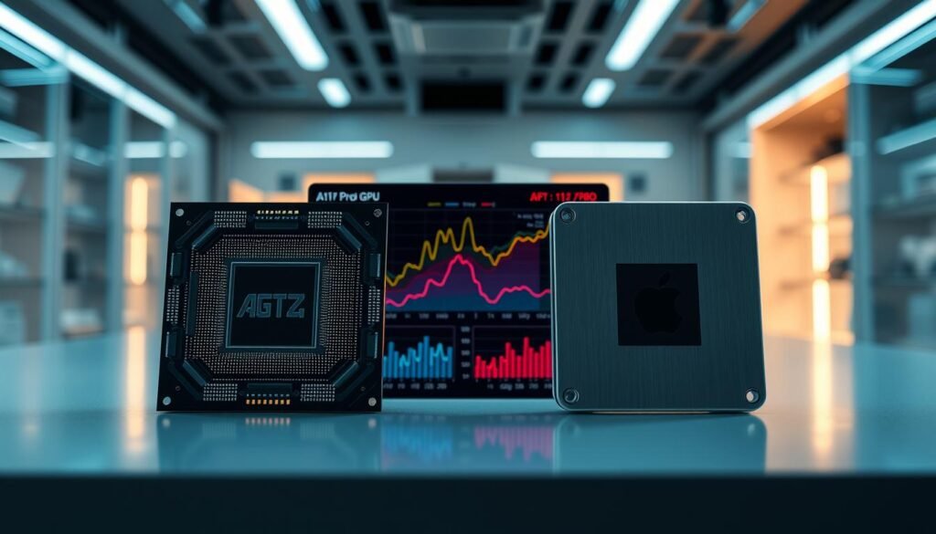 A detailed and informative image showcasing an in-depth comparison of the A17 Pro and Apple M4 GPUs. In the foreground, feature two sleek, modern graphics chips side by side, emphasizing their intricate designs and technical specifications with sharp details. The middle layer should include dynamic graphs and performance metrics, visually contrasting the capabilities of each GPU with vibrant colors and clear lines. In the background, depict a high-tech environment resembling a lab or office, illuminated with soft, focused lighting that highlights the chips and graphs. Create a professional and analytical atmosphere, using a wide-angle perspective to suggest depth and sophistication. The mood should convey a sense of exploration and discovery in technology. A detailed and informative image showcasing an in-depth comparison of the A17 Pro and Apple M4 GPUs. In the foreground, feature two sleek, modern graphics chips side by side, emphasizing their intricate designs and technical specifications with sharp details. The middle layer should include dynamic graphs and performance metrics, visually contrasting the capabilities of each GPU with vibrant colors and clear lines. In the background, depict a high-tech environment resembling a lab or office, illuminated with soft, focused lighting that highlights the chips and graphs. Create a professional and analytical atmosphere, using a wide-angle perspective to suggest depth and sophistication. The mood should convey a sense of exploration and discovery in technology.