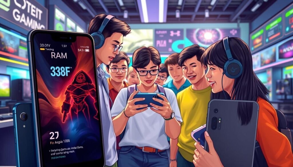 A detailed and vibrant illustration of a gaming smartphone selection guide tailored for Indonesian users. In the foreground, showcase three mobile phones with sleek designs, emphasizing their advanced features like RAM specifics and gaming graphics. The middle layer includes a diverse group of people, dressed in casual, colorful attire, intently discussing the phones, with one person holding a phone, pointing at its features. The background should depict a modern, technology-themed environment, perhaps a gaming store filled with gaming peripherals and colorful LED lights. The overall lighting should be bright and dynamic, creating an energetic atmosphere that reflects the excitement of gaming. Use a slightly angled perspective to add depth to the scene, capturing the enthusiasm of selecting the perfect gaming phone. The mood should be engaging and informative, evoking a sense of community among gamers.