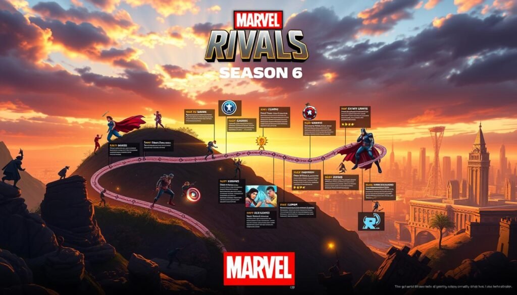 A detailed and vibrant roadmap illustrating Marvel Rivals Season 6. In the foreground, showcase a stylized timeline winding through a dynamic landscape filled with iconic Marvel elements such as superheroes, epic battles, and in-game skins. The middle layer features vivid graphics representing key content updates, events, and challenges, using symbols like shields, stars, and trophies to indicate milestones. The background should include a dramatic skyline of a fictional city, lit with dramatic sunset hues, casting a warm, inviting glow. The atmosphere should feel energetic and filled with anticipation, capturing the excitement of gamers eagerly following the roadmap. Use a wide-angle lens perspective to enhance depth and focus on the intricate details of the roadmap itself, ensuring clarity and vibrancy without any text or overlays.