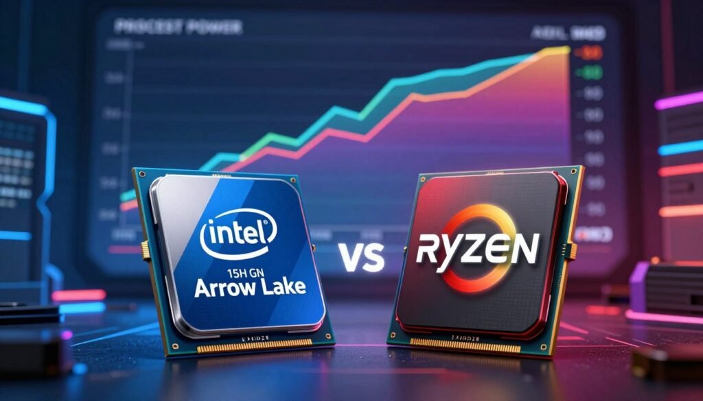A detailed and visually engaging comparison image depicting the performance of Intel's 15th Gen Arrow Lake against AMD's Ryzen processors. In the foreground, showcase two sleek, modern computer chips—Arrow Lake in a blue and silver design, Ryzen in a red and black aesthetic—highlighting their logos. The middle ground should feature a dynamic graph or performance metrics, illustrating benchmarks with vivid colors, while representing processing power and speed. The background should have a futuristic tech-inspired cityscape, softly lit with neon lights, emanating a high-tech atmosphere. Use a slight angle to create depth, and ensure the lighting emphasizes the chips, with a subtle glow effect. Aim for a professional yet competitive mood, suggesting a head-to-head showdown in the CPU market. No text or logos should appear in the image.