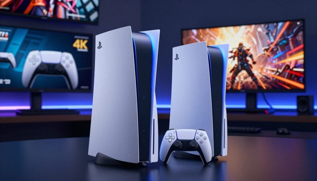 A detailed and visually striking illustration of the PS5 Pro console, prominently showcasing its GPU specifications. In the foreground, a sleek, modern PS5 Pro is centered, with chrome and matte black finishes, highlighting its elegant design. Display a glowing 33 Teraflop GPU emblem on the side, emanating a soft blue light, symbolizing power and performance. In the middle ground, an array of next-gen gaming icons like 4K resolution graphics and advanced gaming technology can be subtly integrated, adding context. The background features a sleek gaming setup with LED ambient lighting and a large 4K monitor displaying rich, vibrant game visuals. The overall atmosphere is futuristic and cutting-edge, enhanced by a cinematic lighting effect that casts dramatic shadows. The scene captures the essence of high-performance gaming technology while maintaining a polished and professional look.