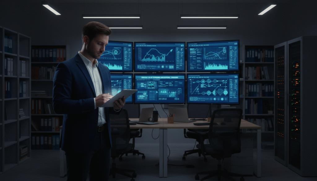 A detailed audit scene for system readiness, featuring an IT professional in a smart business outfit, inspecting multiple screens displaying diagnostic tools and system metrics. In the foreground, the professional, focused and engaged, examines a tablet with data analysis, while charts and graphs illuminate the screens behind them. The middle ground shows an organized office environment with dimmed overhead lights, creating a contemplative atmosphere. In the background, shelves lined with technology books and server equipment suggest a tech-savvy space. Soft, warm lighting casts shadows that enhance the sense of diligence and seriousness, suggesting an important decision about upgrading to Ubuntu 24.04. Overall, the image should convey professionalism, preparation, and technical expertise without any extraneous elements.