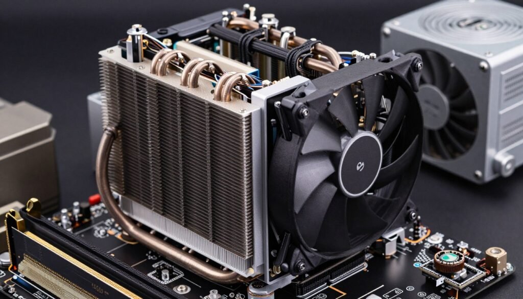 A detailed close-up image of a CPU cooling solution designed for a Ryzen 9950X3D processor, showcasing the intricate arrangement of heat pipes, a large heatsink, and a fan. The cooling system is mounted on a modern motherboard, viewed from a slight angle to capture depth and detail. Surrounding the cooling setup are components like RAM sticks and a power supply, subtly blurred in the background to focus attention on the CPU cooler. The lighting is bright and even, emphasizing the metallic textures, with a slight reflection off the fan's casing. The overall atmosphere is technical and professional, ideal for a technological article, with no text or additional elements present.