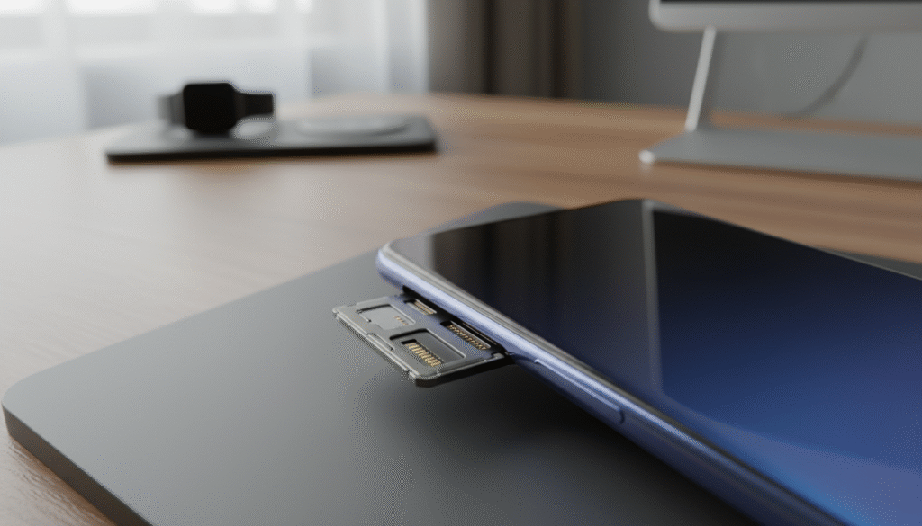 A detailed close-up image of a smartphone slot penyimpanan (storage slot), featuring an iQOO Z10R. The foreground showcases an open device with the storage slot prominently displayed, highlighting its design and functionality. In the middle, subtle reflections of the phone's glossy surface add depth, while the background features a soft-focused workspace with a stylish desk and gadget accessories, enhancing a tech-savvy atmosphere. The lighting is bright but soft, creating an inviting mood and emphasizing the intricacies of the device. Use a wide-angle lens perspective to capture both the device and the ambient setting, ensuring clarity and sharpness in the details without any distractions. A detailed close-up image of a smartphone slot penyimpanan (storage slot), featuring an iQOO Z10R. The foreground showcases an open device with the storage slot prominently displayed, highlighting its design and functionality. In the middle, subtle reflections of the phone's glossy surface add depth, while the background features a soft-focused workspace with a stylish desk and gadget accessories, enhancing a tech-savvy atmosphere. The lighting is bright but soft, creating an inviting mood and emphasizing the intricacies of the device. Use a wide-angle lens perspective to capture both the device and the ambient setting, ensuring clarity and sharpness in the details without any distractions.