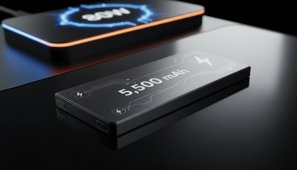 A detailed close-up of a modern smartphone battery labeled "5,500 mAh", showcasing its sleek design with power symbols subtly integrated into the surface. The battery is placed on a glossy black surface, reflecting light to emphasize its contours and technological details. In the background, a blurred image of a futuristic charging station with a vibrant 80W power indicator can be seen, hinting at the fast charging capability. The lighting is bright and dynamic, with highlights and shadows creating depth. The atmosphere should evoke a sense of innovation and power, suitable for a high-tech audience interested in cutting-edge smartphone features.