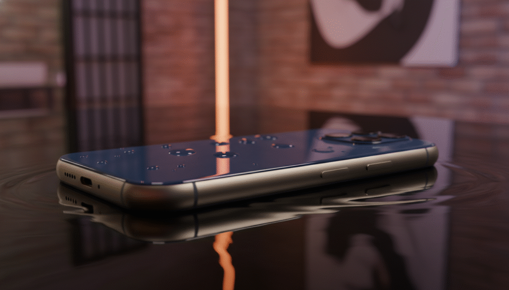 A detailed close-up shot of a sleek, compact smartphone design, emphasizing its robust body and elegant curves. The device, featuring a high-quality finish, is placed on a smooth, reflective surface to highlight its water-resistant capabilities. The background is softly blurred to focus on the phone, suggesting a modern and tech-savvy environment. Use warm, even lighting to enhance the device's colors—vibrant yet professional hues that convey both style and durability. Capture the phone from a slightly elevated angle, showcasing its sleek profile and minimalist buttons. The mood is sophisticated and inviting, appealing to tech enthusiasts who value both form and function.
