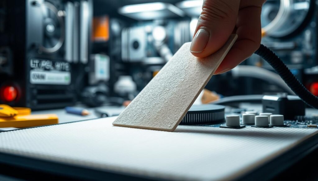 A detailed close-up view of a thermal pad being applied to a GPU, showcasing the thermal interface material with a temperature rating of 17 W/mK. In the foreground, focus on the texture and thickness of the thermal pad, emphasizing its efficient heat conductive properties. The middle ground includes the GPU, highlighting its design and structure, with visible thermal sensors and heatpipes. In the background, a well-lit workspace filled with computer components and tools, creating a technical and professional atmosphere. Use soft, diffused lighting to enhance surface details, and capture the image from a slight angle to provide depth. The overall mood should be one of innovation and technical precision, inviting viewers to explore the benefits of thermal pads in cooling systems.