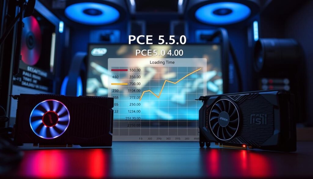 A detailed comparison image illustrating the loading times of SSDs using PCIe 5.0 and 4.0 for gaming. In the foreground, a sleek, modern gaming rig showcasing both types of SSDs side by side, with glowing LED lights highlighting their cooling systems. The middle layer features a graph that visually represents the loading times of various popular games, emphasizing the contrast between PCIe 5.0 and 4.0. In the background, a blurred gaming setup with an LED-lit monitor displaying game graphics, contributing to a tech-savvy atmosphere. The lighting is dramatic, with cool tones from the LED lights and soft shadows to enhance depth. The overall mood conveys a sense of high-tech innovation, perfect for illustrating the section about real differences in loading times.