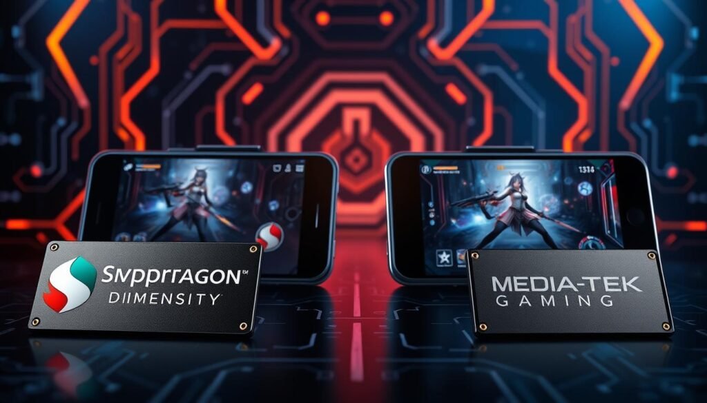 A detailed comparison image of Snapdragon and MediaTek Dimensity chipsets, showcasing both alongside high-performance gaming smartphones. In the foreground, depict two distinct chipsets, each prominently labeled, with realistic textures and technical details. The middle section features sleek gaming phones, one representing Snapdragon and the other MediaTek, displaying their screens with game graphics like Genshin Impact. In the background, include a futuristic tech-themed environment with subtle circuitry patterns and glowing elements, enhancing the atmosphere of advanced technology. Use dramatic lighting to cast highlights on the chipsets, emphasizing their features, and employ a slight perspective angle to convey depth. The overall mood should be dynamic and exciting, reflecting the rapid advancements in mobile gaming technology.