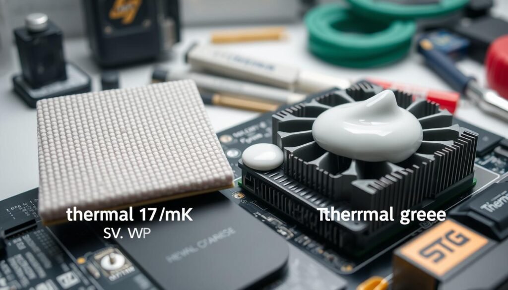 A detailed comparison image showcasing a thermal pad (17 W/mK) and thermal grease side by side on a modern GPU. In the foreground, display the thermal pad with its textured surface, emphasizing its thickness and heat conductivity. Adjacent to it, place a small, uniform application of thermal grease, highlighting its smoothness and spreadability. In the middle ground, depict a GPU with visible heat sinks, giving a technical context. The background should feature a softly blurred workspace with tools and components, adding a technical atmosphere. The lighting should be bright and even, accentuating the textures and colors of both materials, while a close-up angle focuses sharply on their differences for a clear visual comparison. The overall mood should be informative and professional.