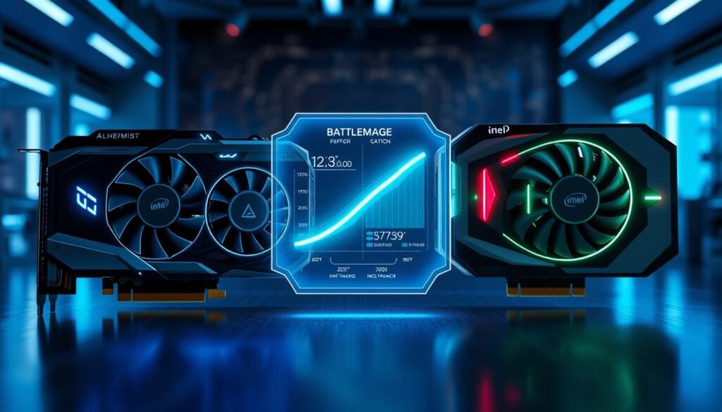 A detailed comparison of Intel's Graphics Card generations: Alchemist and Battlemage. In the foreground, showcase both graphics cards side by side, illuminated with dynamic blue and green lights to represent technological advancement. The Alchemist card, slightly older, features a sleek and angular design, while the Battlemage card boasts a futuristic, robust build with smoother lines and integrated LED elements. In the middle, display a stylized holographic chart comparing performance metrics, such as ray tracing capabilities, with glowing visual effects to enhance clarity. The background should subtly reflect a high-tech lab environment with soft, futuristic lighting, creating a mood of innovation and progress. Use a high-angle perspective to capture the scene fully, emphasizing the evolution in graphics technology.