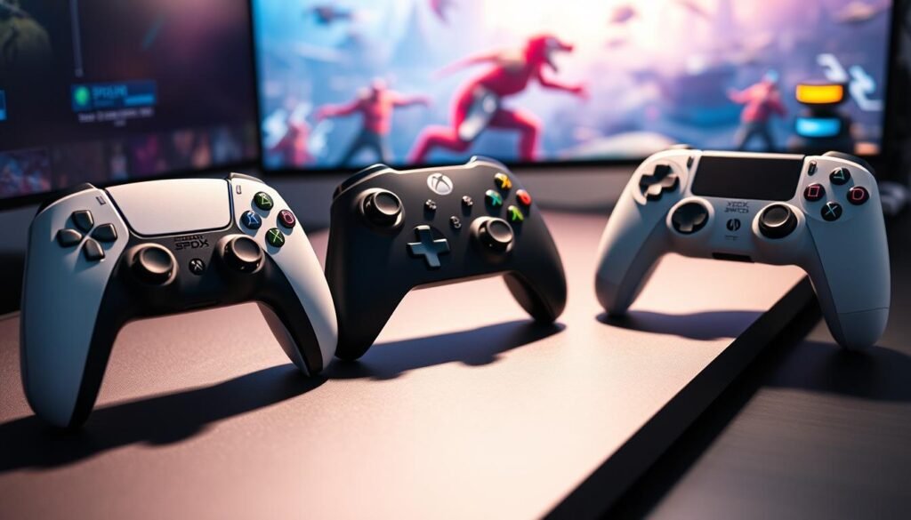 A detailed comparison of gaming controllers arranged side by side on a sleek gaming desk. The foreground features three distinct controllers: a modern PS5 DualSense, an Xbox Series X controller, and a Nintendo Switch Pro controller, each showcasing their unique design and features. The middle ground includes soft ambient lighting that accentuates the controllers, casting gentle shadows to enhance depth. The background consists of a subtle blur of a vibrant video game world, hinting at action and adventure, creating an immersive atmosphere. The overall mood is dynamic and engaging, perfect for illustrating the unique gaming experience these controllers offer. The image is shot from a slightly elevated angle, using a macro lens to focus on the controllers while keeping the background in a harmonious blur.
