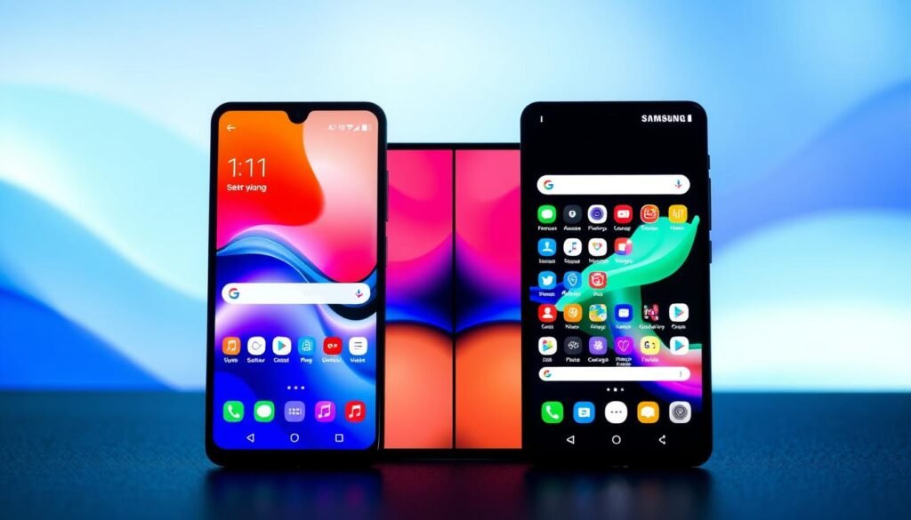 A detailed comparison of two smartphone interfaces: Samsung One UI 6.1 on the left and Pixel UI on the right. In the foreground, display vivid, realistic screenshots of both interfaces, showcasing their distinctive app icons and layout designs. The middle layer should feature a split-screen effect, highlighting the differences with vibrant colors and smooth transitions between the two UIs. In the background, a soft gradient of blended blue and green hues creates an engaging atmosphere, reflecting innovation and technology. Use soft, diffused lighting to emphasize the interface details, and incorporate a slight tilt angle to enhance depth. The mood is professional and analytical, suitable for a tech comparison.