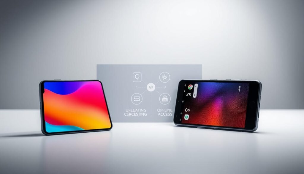 A detailed comparison scene showcasing the Google Gemini Nano and Pro in a visually engaging way. In the foreground, two sleek smartphones are prominently displayed: the Gemini Nano on the left, featuring a thinner design and vibrant colors, while the Gemini Pro on the right showcases a more robust build with a larger screen. In the middle ground, a split-screen graphic highlights their offline access capabilities, represented by dynamic connectivity icons. The background features an abstract, tech-inspired gradient with subtle binary code elements to evoke a digital atmosphere. Soft, diffused lighting casts a professional ambiance, emphasizing sophistication and innovation. The angle is slightly elevated, presenting the devices attractively while maintaining clarity and focus on their specific features. The overall mood conveys a sense of comparison and informed choice in technology.