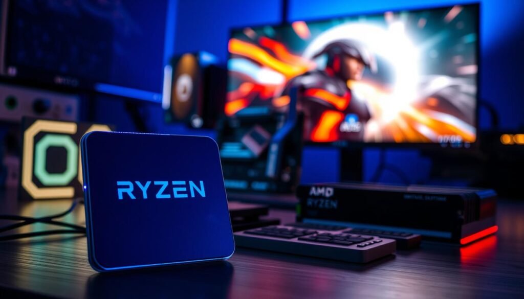 A detailed computer component specification layout, showcasing an AMD Ryzen 8000 processor with integrated graphics. In the foreground, display a close-up of the CPU, highlighted with cool lighting, emphasizing its sleek design. The middle ground features a well-organized array of other key components like a motherboard and RAM, arranged neatly in an aesthetic and informative manner. In the background, a blurred image of a modern gaming monitor with vibrant graphics symbolizes high-performance capabilities. The scene is illuminated with a soft blue glow, creating a tech-savvy atmosphere, while the angle offers a slightly elevated view to capture all components interactively. No text or logos present; the focus is solely on the components.